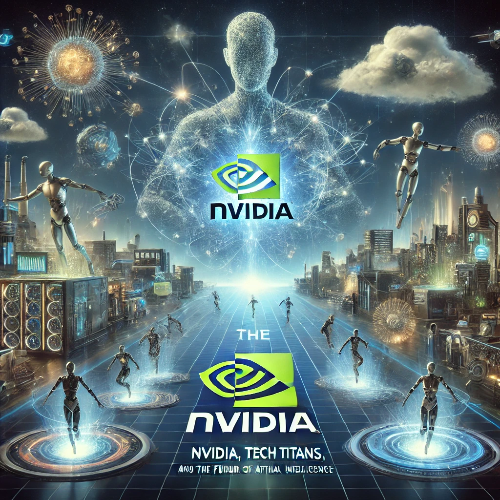 The AI Race: NVIDIA, Tech Titans, and the Future of Artificial Intelligence." It visually encapsulates the theme with dynamic AI elements and futuristic designs. Let me know if you'd like any adjustments!